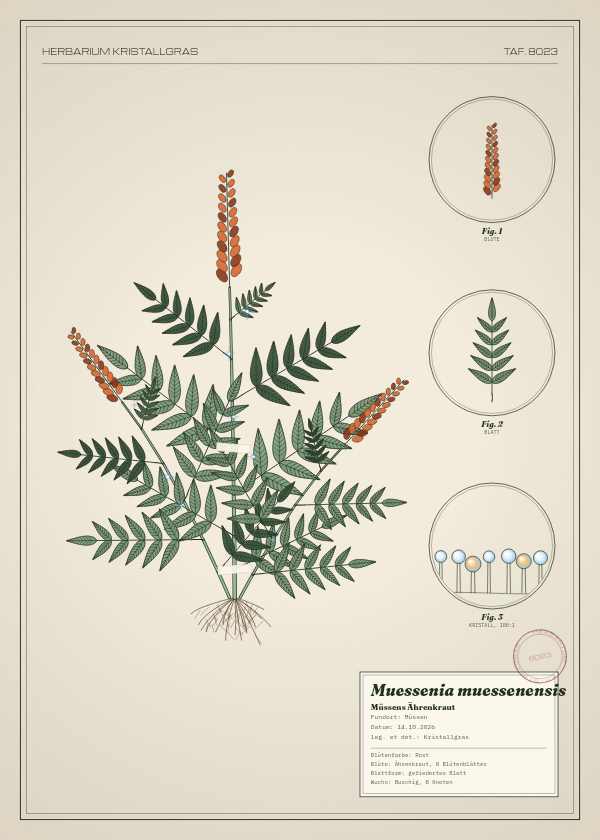 Botanische Tafel: Muessenia muessenensis, eine erfundene Pflanze aus Müssen, gezeichnet wie in einem alten Pflanzenatlas