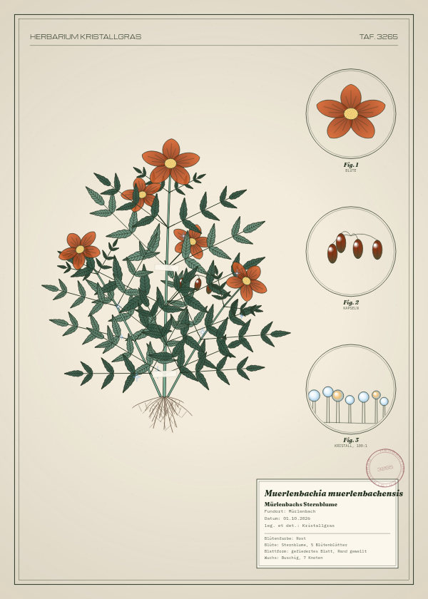 Botanische Tafel: Muerlenbachia muerlenbachensis, eine erfundene Pflanze aus Mürlenbach, gezeichnet wie in einem alten Pflanzenatlas