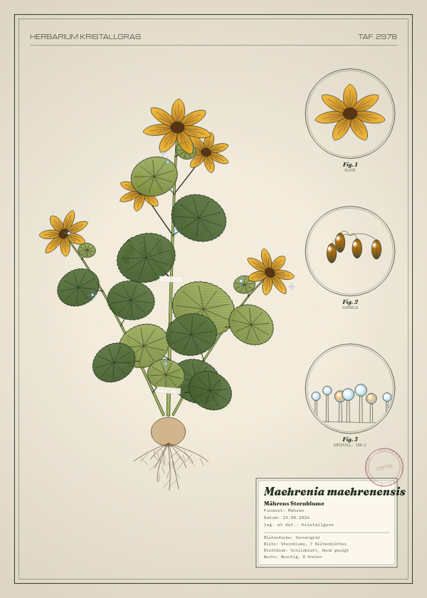 Botanische Tafel: Maehrenia maehrenensis, eine erfundene Pflanze aus Mähren, gezeichnet wie in einem alten Pflanzenatlas
