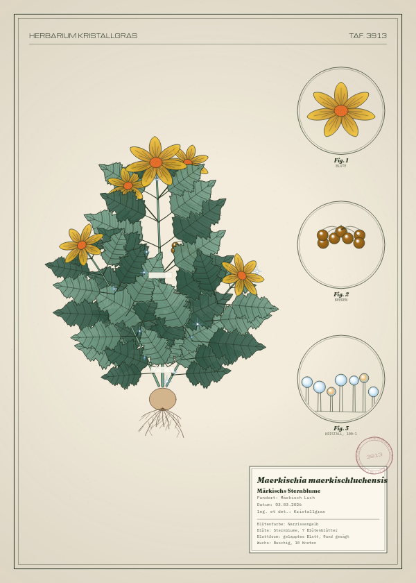 Botanische Tafel: Maerkischia maerkischluchensis, eine erfundene Pflanze aus Märkisch Luch, gezeichnet wie in einem alten Pflanzenatlas