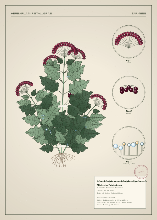 Botanische Tafel: Maerkischia maerkischbuchholzensis, eine erfundene Pflanze aus Märkisch Buchholz, gezeichnet wie in einem alten Pflanzenatlas