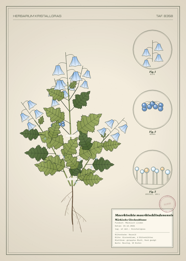 Botanische Tafel: Maerkischia maerkischlindenensis, eine erfundene Pflanze aus Märkisch Linden, gezeichnet wie in einem alten Pflanzenatlas
