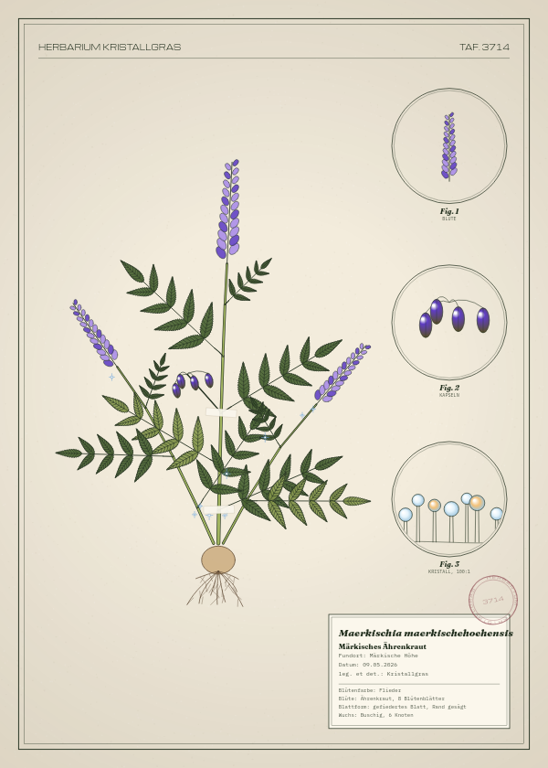 Botanische Tafel: Maerkischia maerkischehoehensis, eine erfundene Pflanze aus Märkische Höhe, gezeichnet wie in einem alten Pflanzenatlas