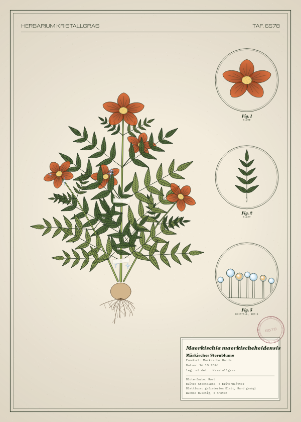 Botanische Tafel: Maerkischia maerkischeheidensis, eine erfundene Pflanze aus Märkische Heide, gezeichnet wie in einem alten Pflanzenatlas