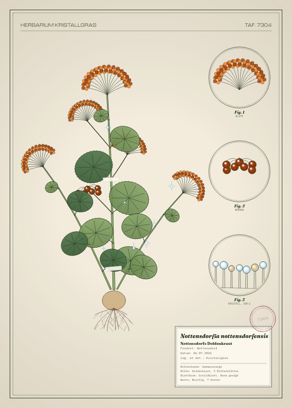 Botanische Tafel: Nottensdorfia nottensdorfensis, eine erfundene Pflanze aus Nottensdorf, gezeichnet wie in einem alten Pflanzenatlas