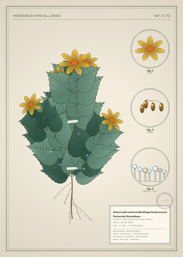 Botanische Tafel: Nottertalia nottertalheilingerhoehenensis, eine erfundene Pflanze aus Nottertal-Heilinger Höhen, gezeichnet wie in einem alten Pflanzenatlas