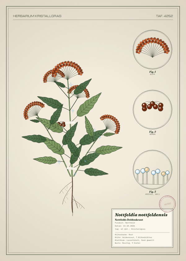 Botanische Tafel: Nottfeldia nottfeldensis, eine erfundene Pflanze aus Nottfeld, gezeichnet wie in einem alten Pflanzenatlas