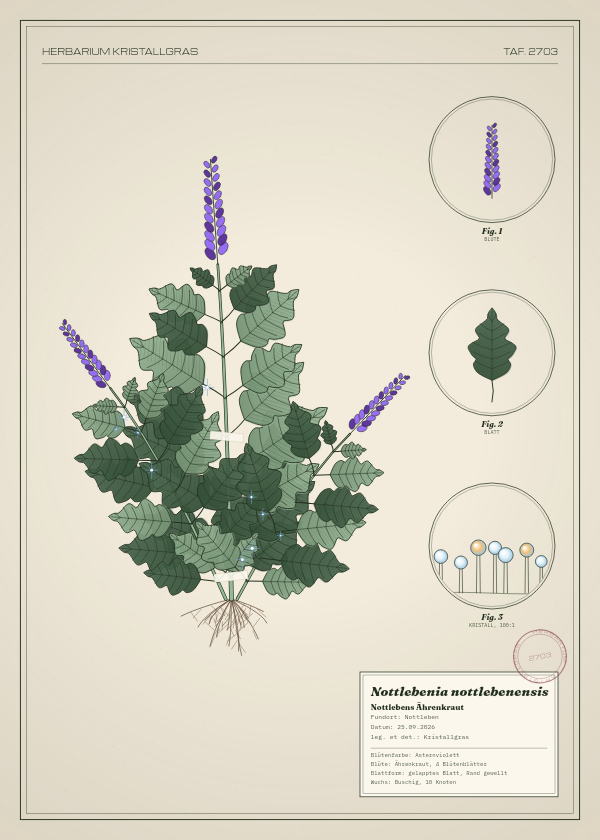 Botanische Tafel: Nottlebenia nottlebenensis, eine erfundene Pflanze aus Nottleben, gezeichnet wie in einem alten Pflanzenatlas
