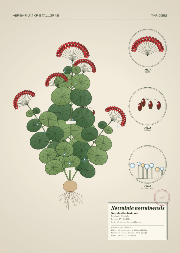 Botanische Tafel: Nottulnia nottulnensis, eine erfundene Pflanze aus Nottuln, gezeichnet wie in einem alten Pflanzenatlas