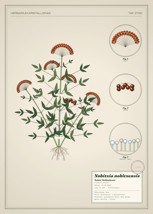 Botanische Tafel: Nobitzia nobitzensis, eine erfundene Pflanze aus Nobitz, gezeichnet wie in einem alten Pflanzenatlas