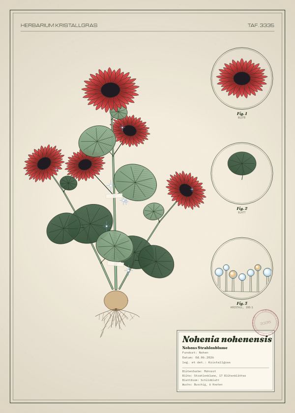 Botanische Tafel: Nohenia nohenensis, eine erfundene Pflanze aus Nohen, gezeichnet wie in einem alten Pflanzenatlas