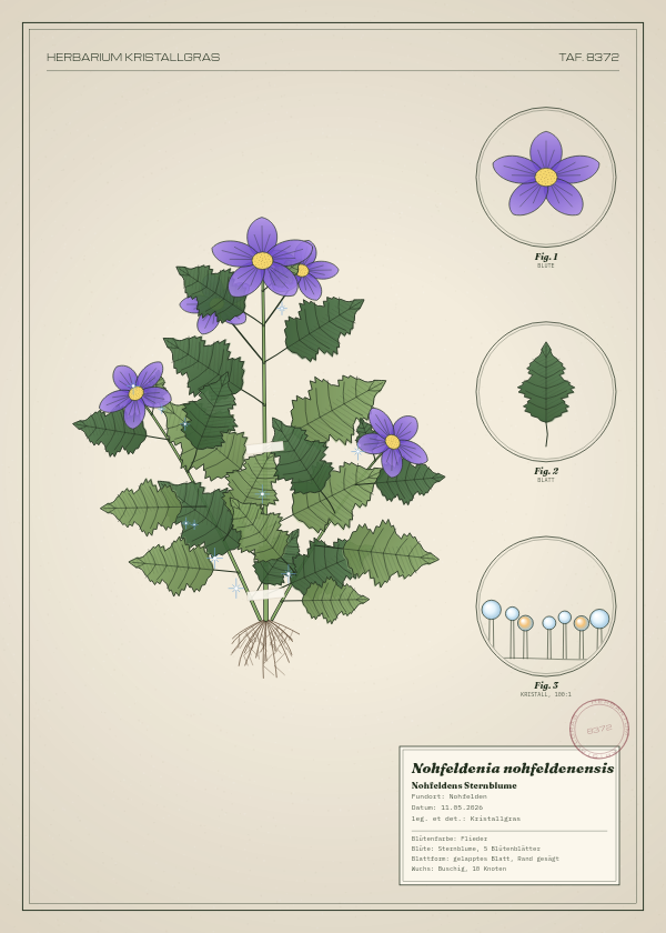 Botanische Tafel: Nohfeldenia nohfeldenensis, eine erfundene Pflanze aus Nohfelden, gezeichnet wie in einem alten Pflanzenatlas