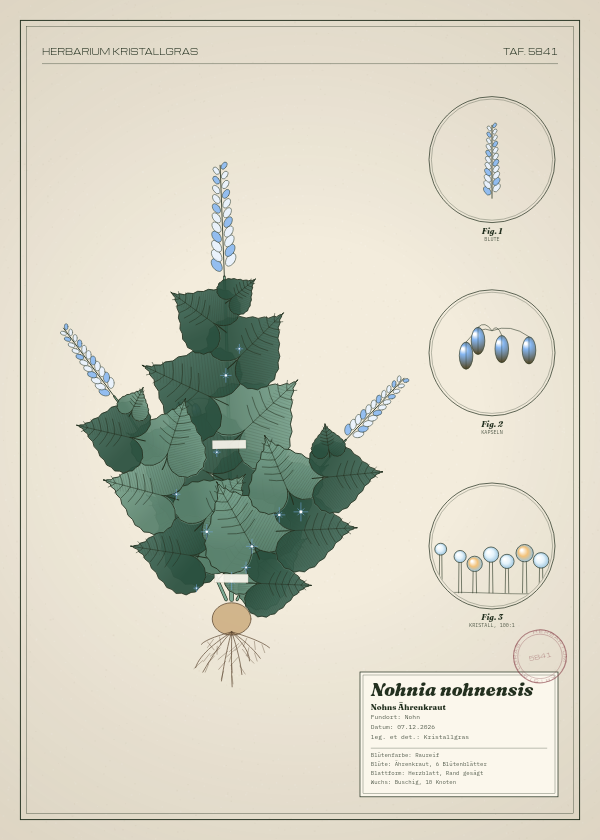 Botanische Tafel: Nohnia nohnensis, eine erfundene Pflanze aus Nohn, gezeichnet wie in einem alten Pflanzenatlas