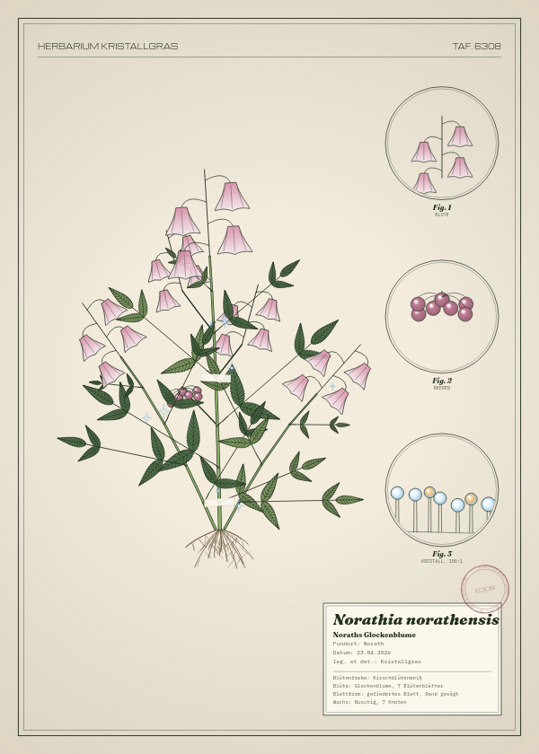 Botanische Tafel: Norathia norathensis, eine erfundene Pflanze aus Norath, gezeichnet wie in einem alten Pflanzenatlas