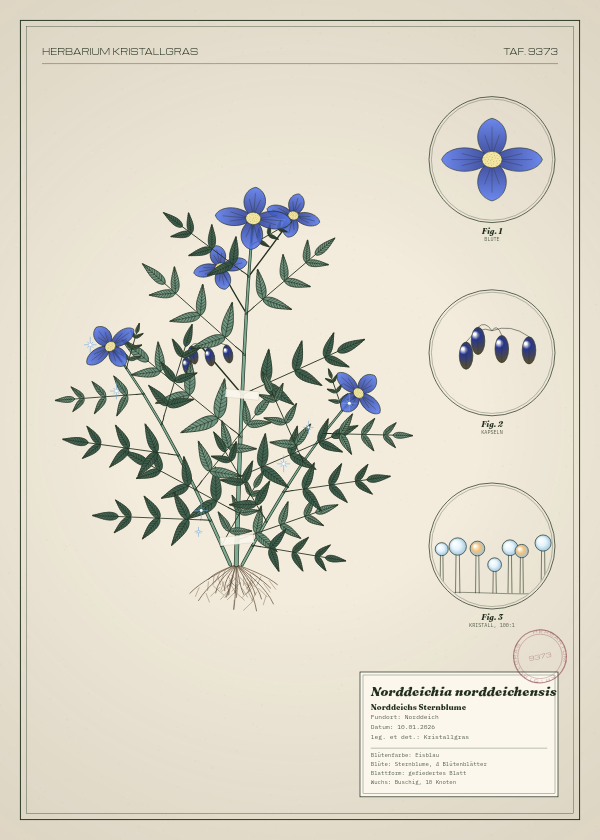 Botanische Tafel: Norddeichia norddeichensis, eine erfundene Pflanze aus Norddeich, gezeichnet wie in einem alten Pflanzenatlas