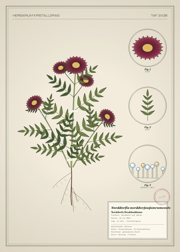 Botanische Tafel: Norddorfia norddorfaufamrumensis, eine erfundene Pflanze aus Norddorf auf Amrum, gezeichnet wie in einem alten Pflanzenatlas
