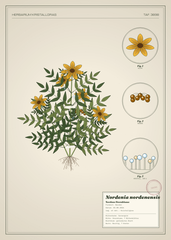 Botanische Tafel: Nordenia nordenensis, eine erfundene Pflanze aus Norden, gezeichnet wie in einem alten Pflanzenatlas