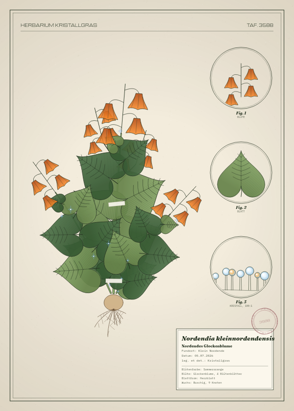 Botanische Tafel: Nordendia kleinnordendensis, eine erfundene Pflanze aus Klein Nordende, gezeichnet wie in einem alten Pflanzenatlas