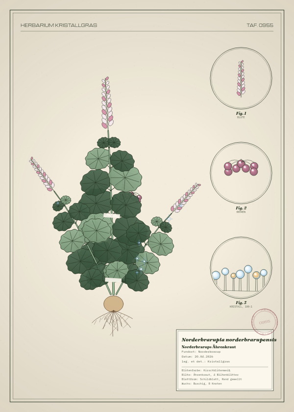 Botanische Tafel: Norderbrarupia norderbrarupensis, eine erfundene Pflanze aus Norderbrarup, gezeichnet wie in einem alten Pflanzenatlas