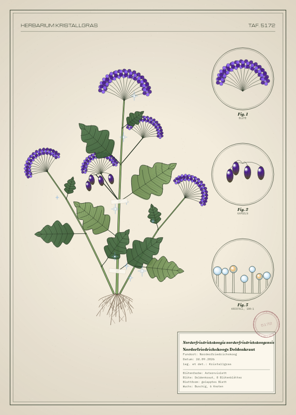Botanische Tafel: Norderfriedrichskoogia norderfriedrichskoogensis, eine erfundene Pflanze aus Norderfriedrichskoog, gezeichnet wie in einem alten Pflanzenatlas