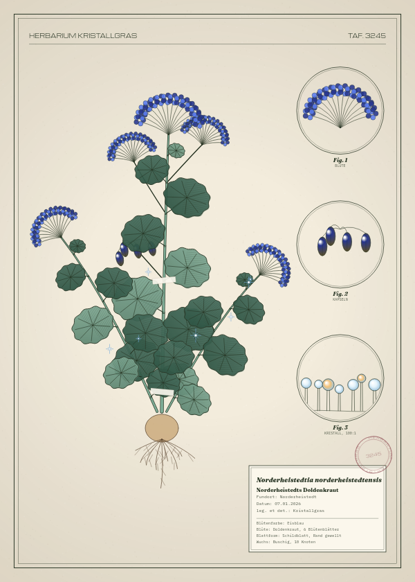Botanische Tafel: Norderheistedtia norderheistedtensis, eine erfundene Pflanze aus Norderheistedt, gezeichnet wie in einem alten Pflanzenatlas