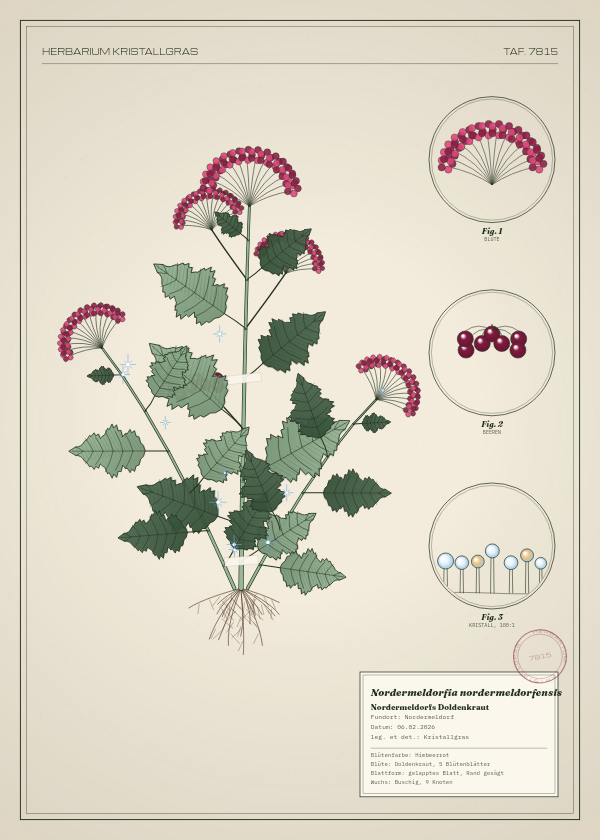 Botanische Tafel: Nordermeldorfia nordermeldorfensis, eine erfundene Pflanze aus Nordermeldorf, gezeichnet wie in einem alten Pflanzenatlas