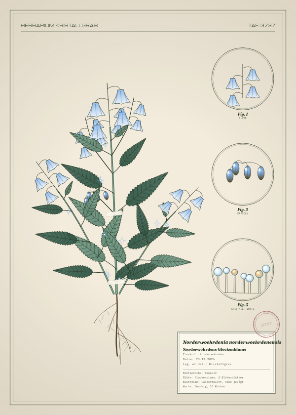 Botanische Tafel: Norderwoehrdenia norderwoehrdenensis, eine erfundene Pflanze aus Norderwöhrden, gezeichnet wie in einem alten Pflanzenatlas