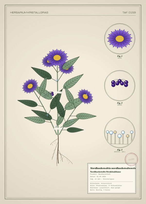 Botanische Tafel: Nordhackstedtia nordhackstedtensis, eine erfundene Pflanze aus Nordhackstedt, gezeichnet wie in einem alten Pflanzenatlas