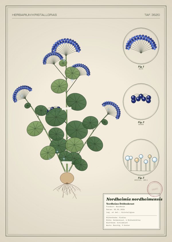 Botanische Tafel: Nordheimia nordheimensis, eine erfundene Pflanze aus Nordheim, gezeichnet wie in einem alten Pflanzenatlas