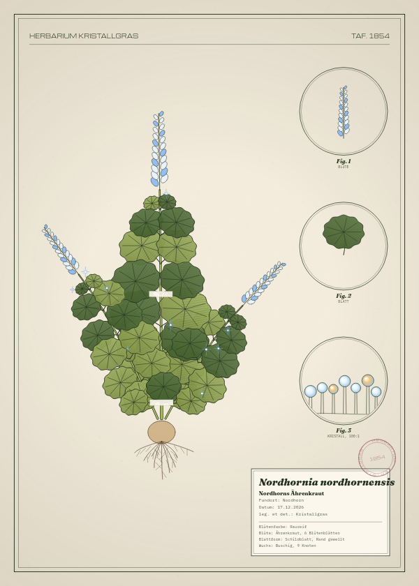 Botanische Tafel: Nordhornia nordhornensis, eine erfundene Pflanze aus Nordhorn, gezeichnet wie in einem alten Pflanzenatlas
