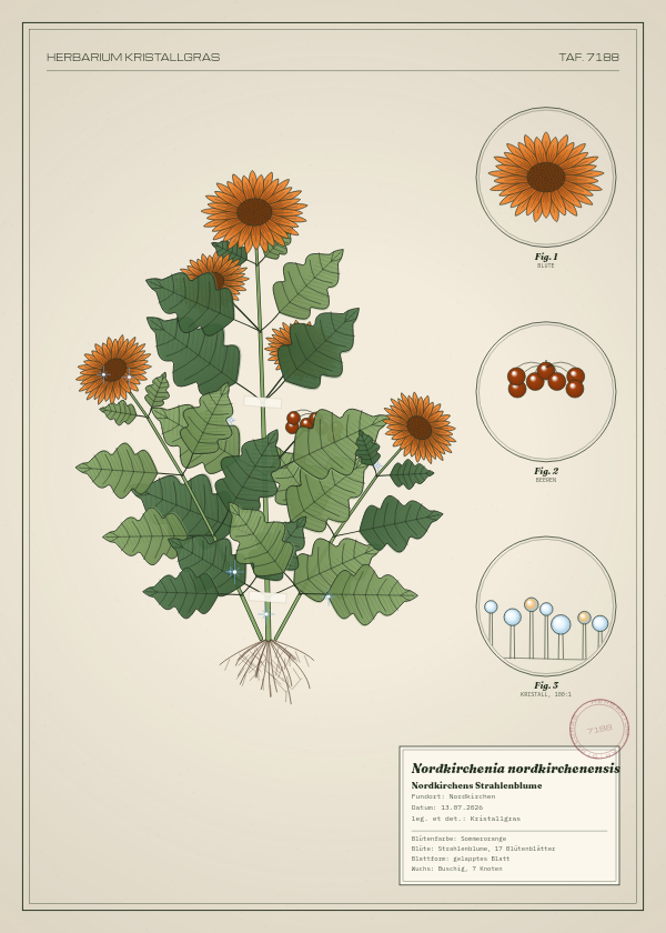 Botanische Tafel: Nordkirchenia nordkirchenensis, eine erfundene Pflanze aus Nordkirchen, gezeichnet wie in einem alten Pflanzenatlas
