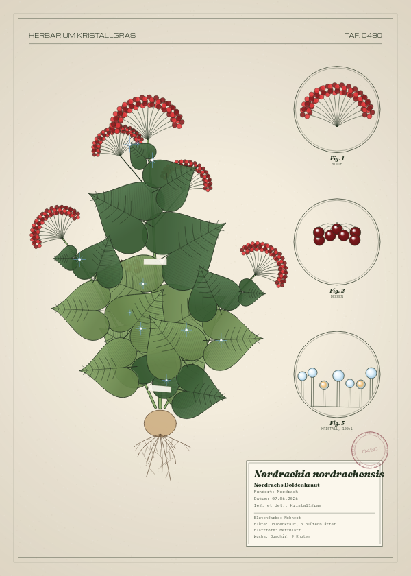 Botanische Tafel: Nordrachia nordrachensis, eine erfundene Pflanze aus Nordrach, gezeichnet wie in einem alten Pflanzenatlas