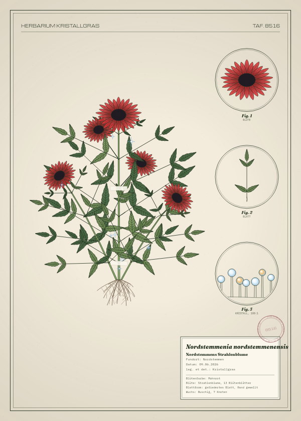 Botanische Tafel: Nordstemmenia nordstemmenensis, eine erfundene Pflanze aus Nordstemmen, gezeichnet wie in einem alten Pflanzenatlas