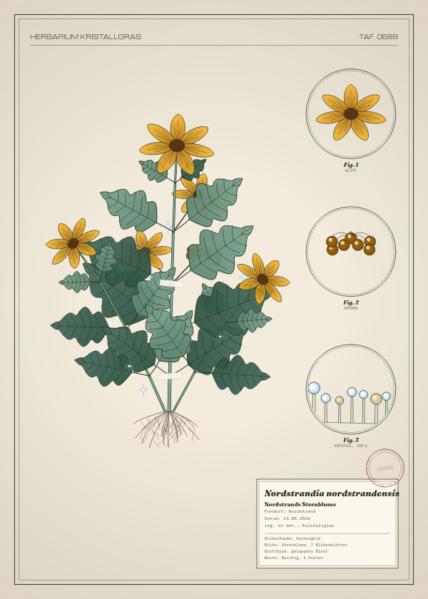 Botanische Tafel: Nordstrandia nordstrandensis, eine erfundene Pflanze aus Nordstrand, gezeichnet wie in einem alten Pflanzenatlas