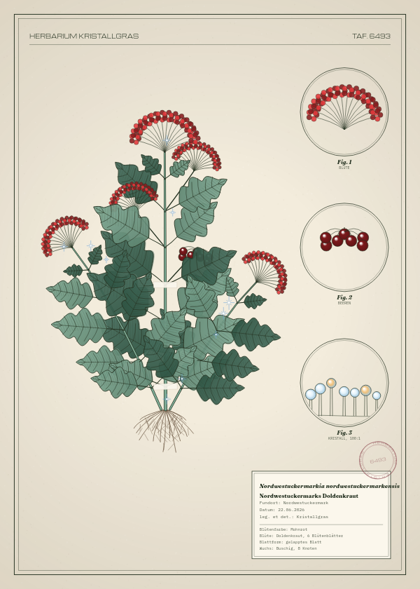 Botanische Tafel: Nordwestuckermarkia nordwestuckermarkensis, eine erfundene Pflanze aus Nordwestuckermark, gezeichnet wie in einem alten Pflanzenatlas