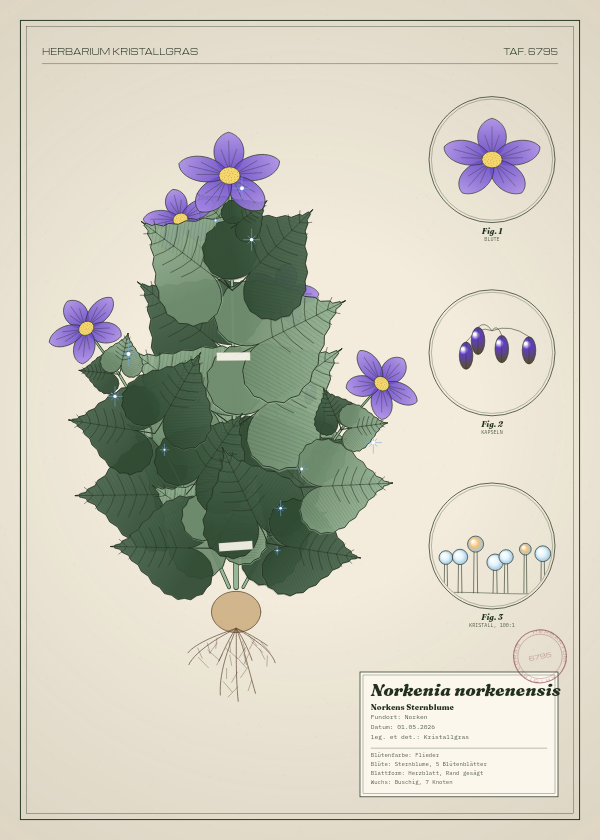 Botanische Tafel: Norkenia norkenensis, eine erfundene Pflanze aus Norken, gezeichnet wie in einem alten Pflanzenatlas