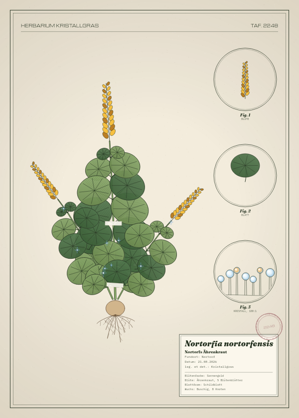 Botanische Tafel: Nortorfia nortorfensis, eine erfundene Pflanze aus Nortorf, gezeichnet wie in einem alten Pflanzenatlas