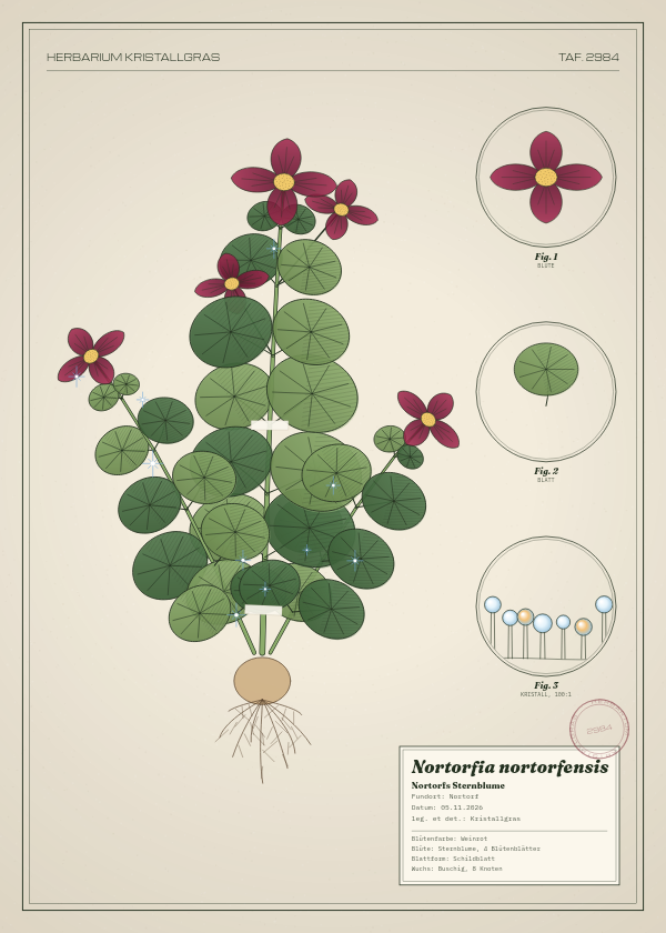 Botanische Tafel: Nortorfia nortorfensis, eine erfundene Pflanze aus Nortorf, gezeichnet wie in einem alten Pflanzenatlas