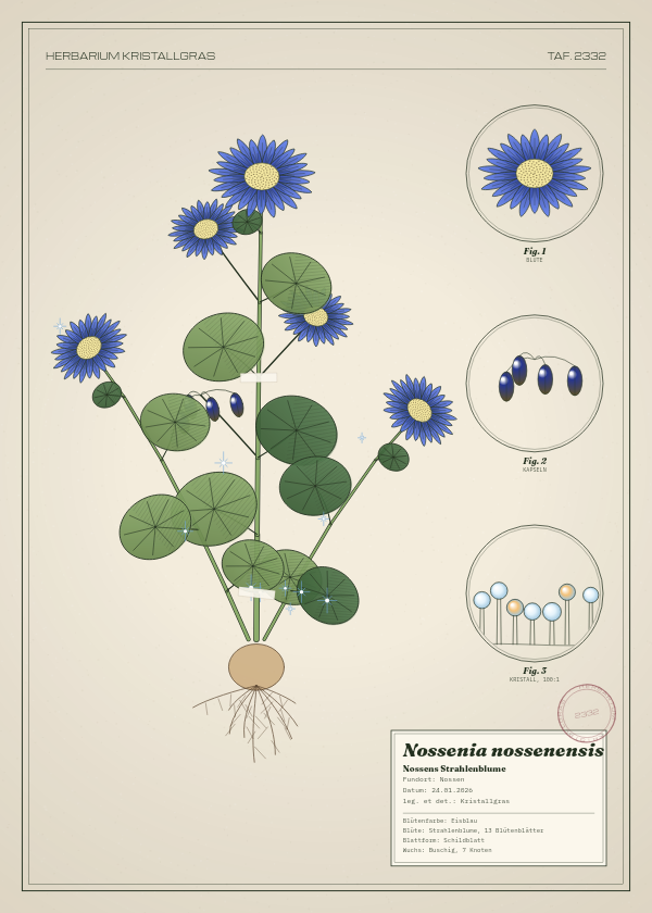 Botanische Tafel: Nossenia nossenensis, eine erfundene Pflanze aus Nossen, gezeichnet wie in einem alten Pflanzenatlas