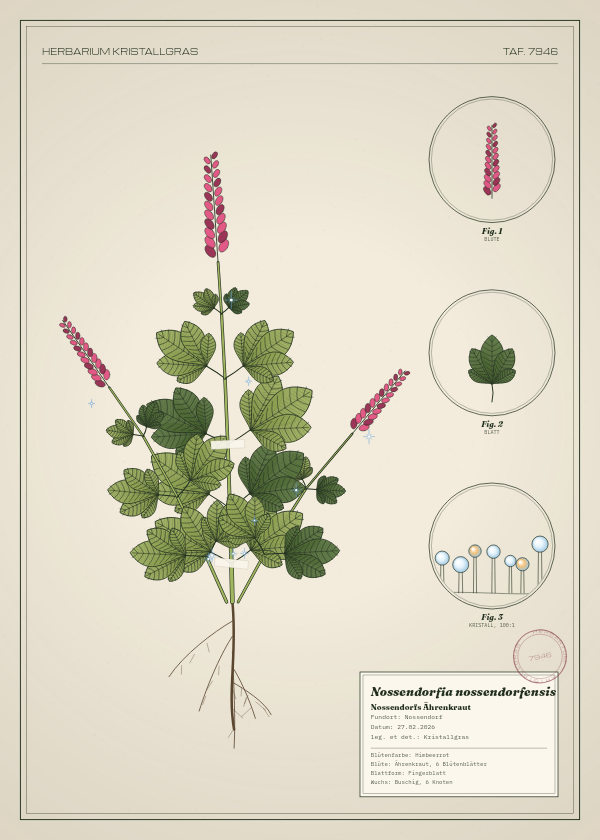 Botanische Tafel: Nossendorfia nossendorfensis, eine erfundene Pflanze aus Nossendorf, gezeichnet wie in einem alten Pflanzenatlas