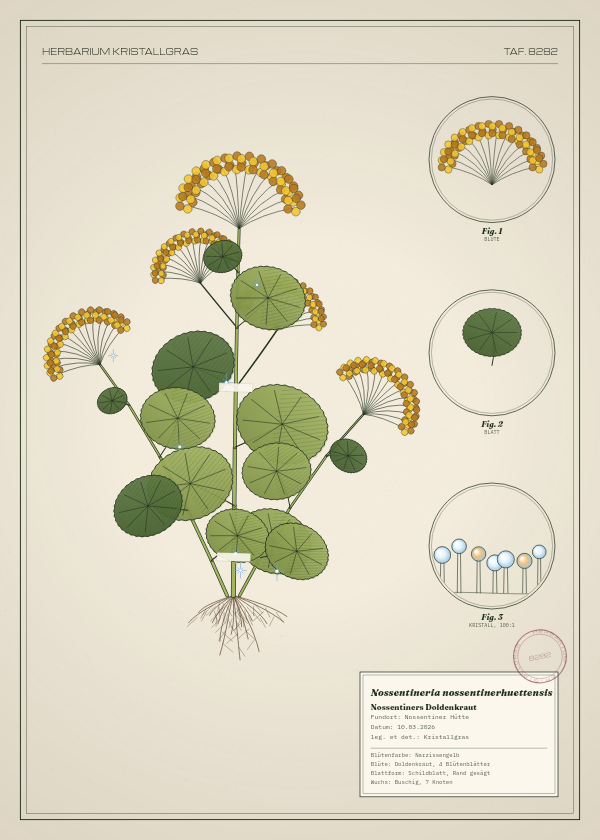 Botanische Tafel: Nossentineria nossentinerhuettensis, eine erfundene Pflanze aus Nossentiner Hütte, gezeichnet wie in einem alten Pflanzenatlas