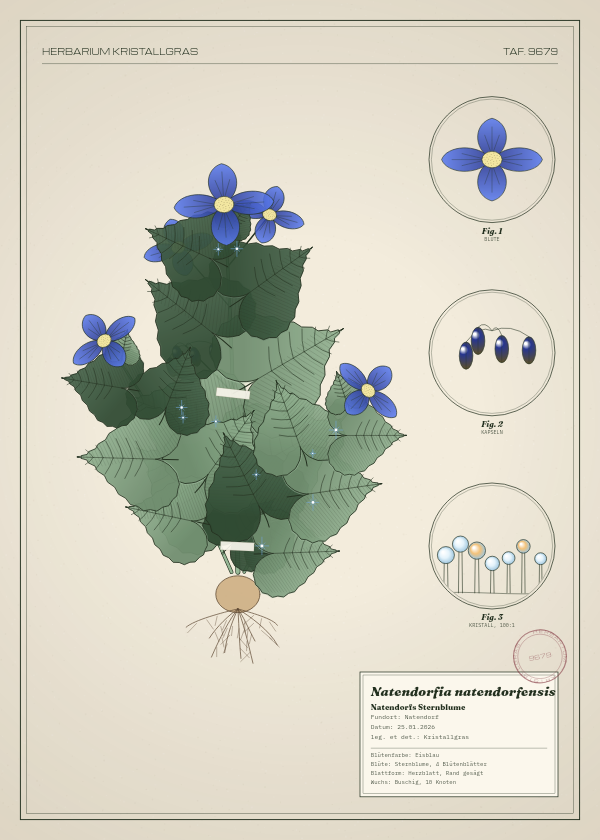 Botanische Tafel: Natendorfia natendorfensis, eine erfundene Pflanze aus Natendorf, gezeichnet wie in einem alten Pflanzenatlas