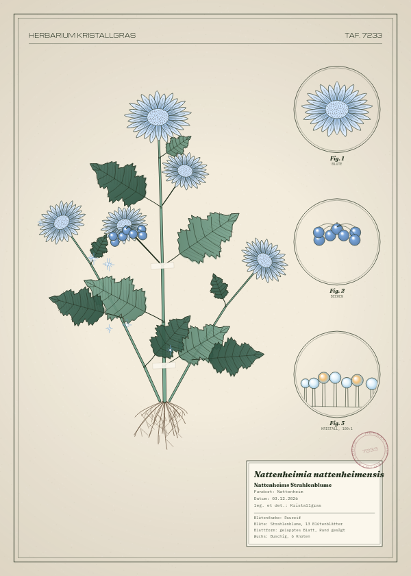 Botanische Tafel: Nattenheimia nattenheimensis, eine erfundene Pflanze aus Nattenheim, gezeichnet wie in einem alten Pflanzenatlas