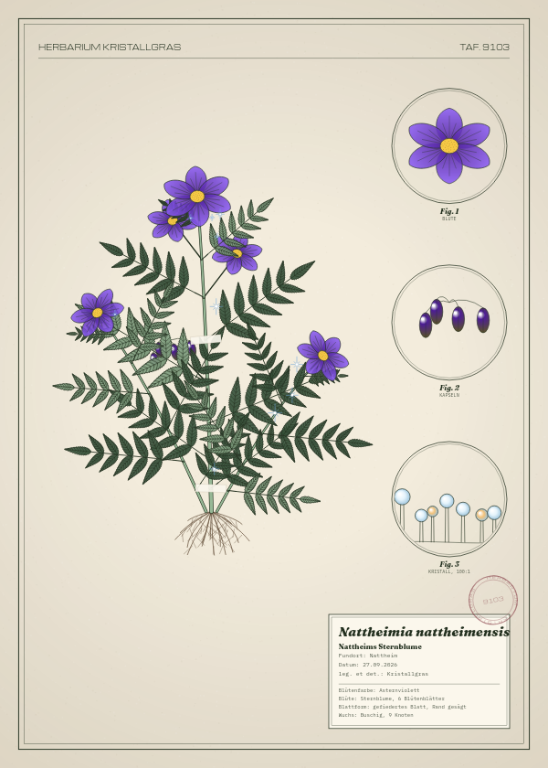 Botanische Tafel: Nattheimia nattheimensis, eine erfundene Pflanze aus Nattheim, gezeichnet wie in einem alten Pflanzenatlas