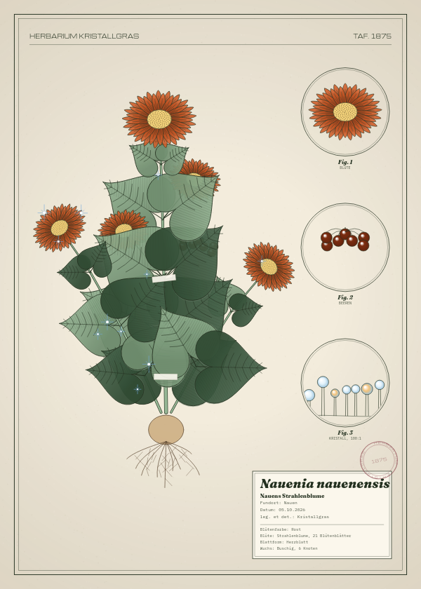 Botanische Tafel: Nauenia nauenensis, eine erfundene Pflanze aus Nauen, gezeichnet wie in einem alten Pflanzenatlas