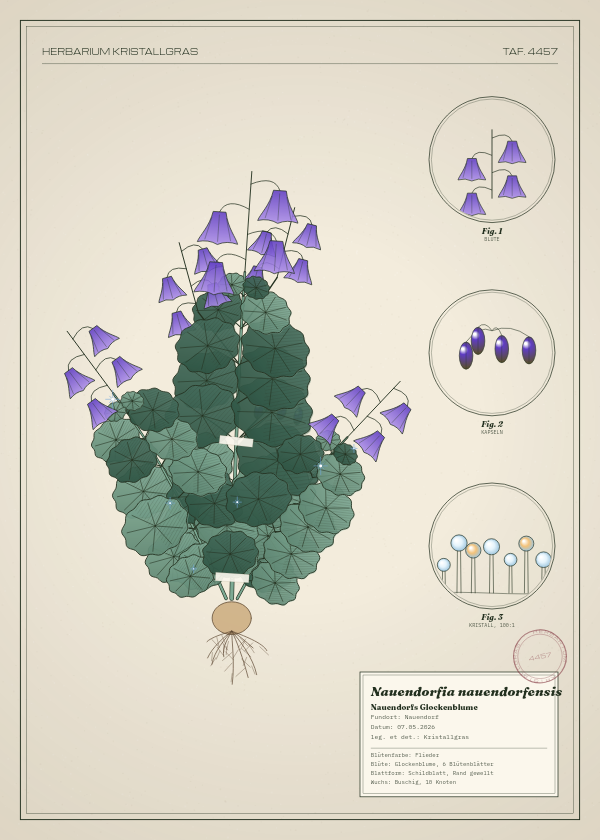 Botanische Tafel: Nauendorfia nauendorfensis, eine erfundene Pflanze aus Nauendorf, gezeichnet wie in einem alten Pflanzenatlas