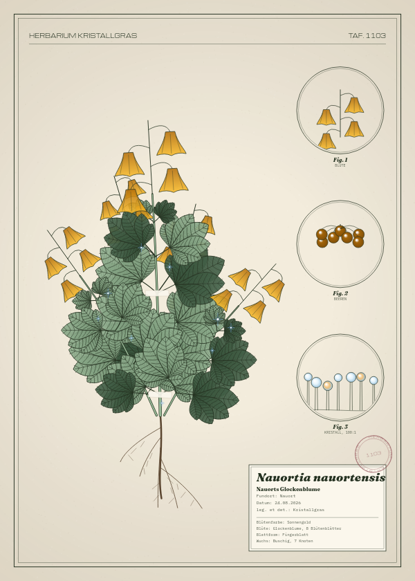 Botanische Tafel: Nauortia nauortensis, eine erfundene Pflanze aus Nauort, gezeichnet wie in einem alten Pflanzenatlas