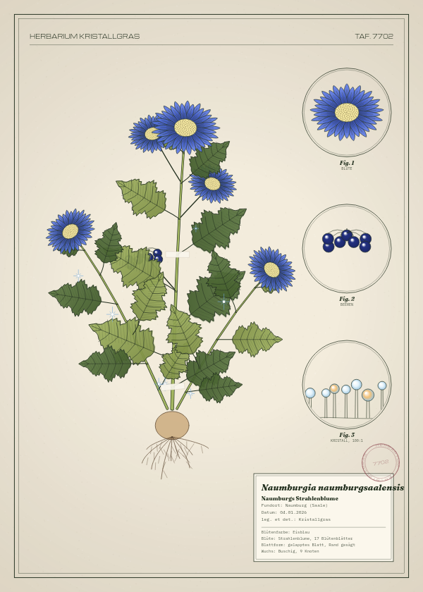 Botanische Tafel: Naumburgia naumburgsaalensis, eine erfundene Pflanze aus Naumburg (Saale), gezeichnet wie in einem alten Pflanzenatlas