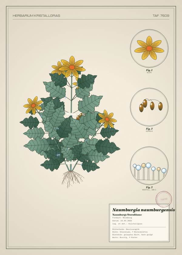 Botanische Tafel: Naumburgia naumburgensis, eine erfundene Pflanze aus Naumburg, gezeichnet wie in einem alten Pflanzenatlas