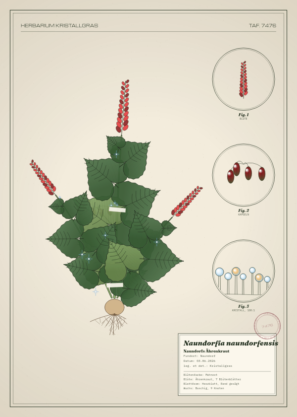 Botanische Tafel: Naundorfia naundorfensis, eine erfundene Pflanze aus Naundorf, gezeichnet wie in einem alten Pflanzenatlas